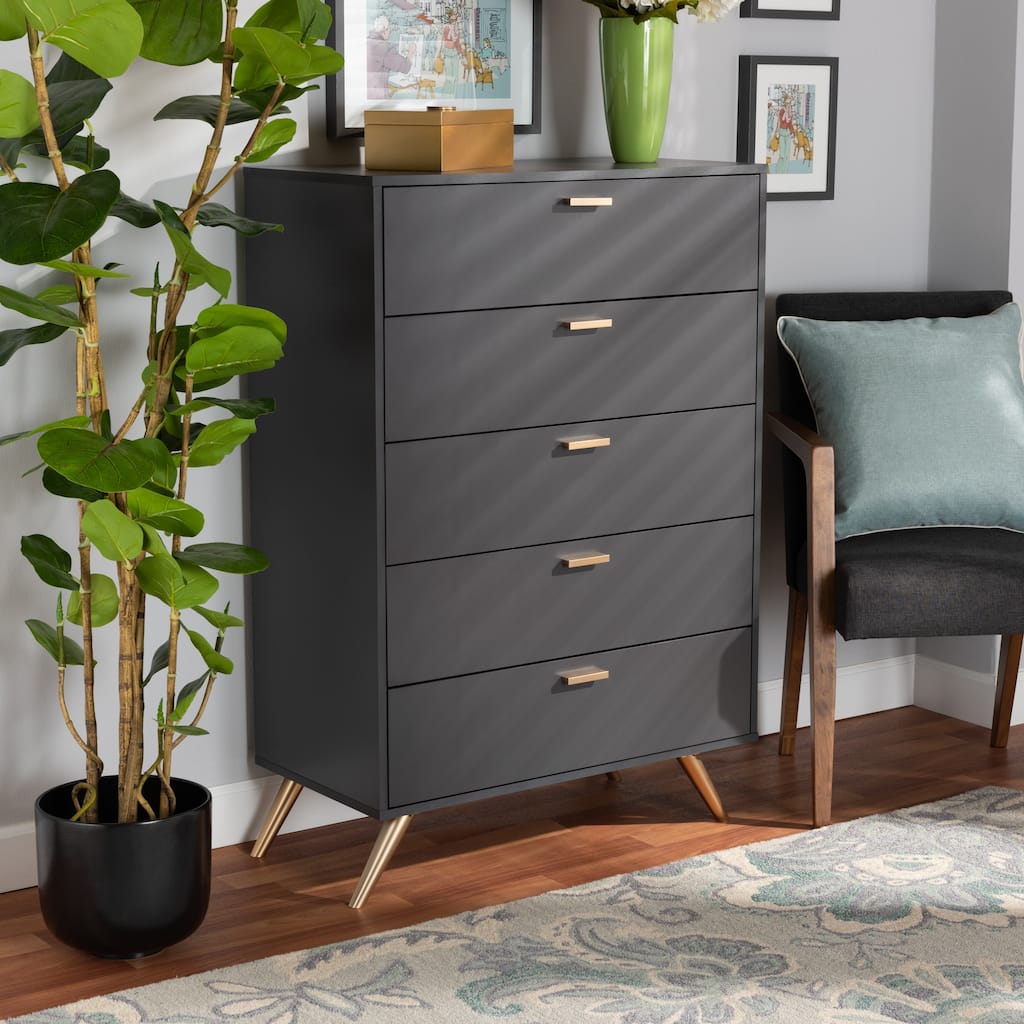 Kelson Modern Dark Grey and Gold Finished Wood 5-Drawer Chest