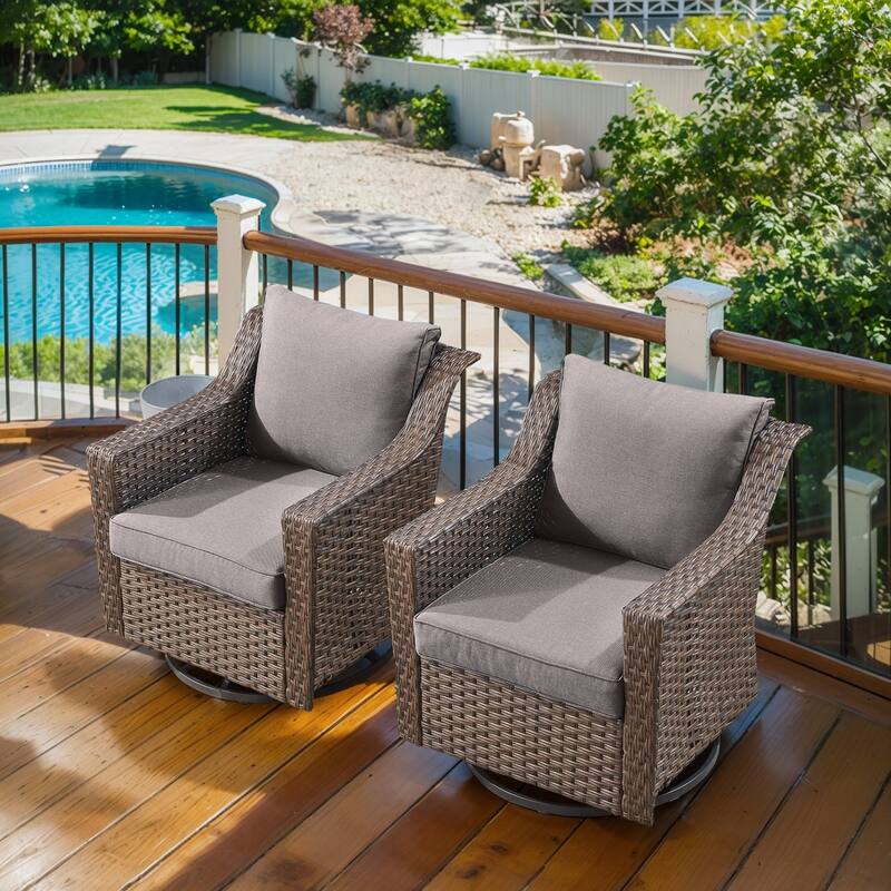 Outdoor Rattan Gliding Chair Set of 2 with Cushion - Brown - Grey - Brown