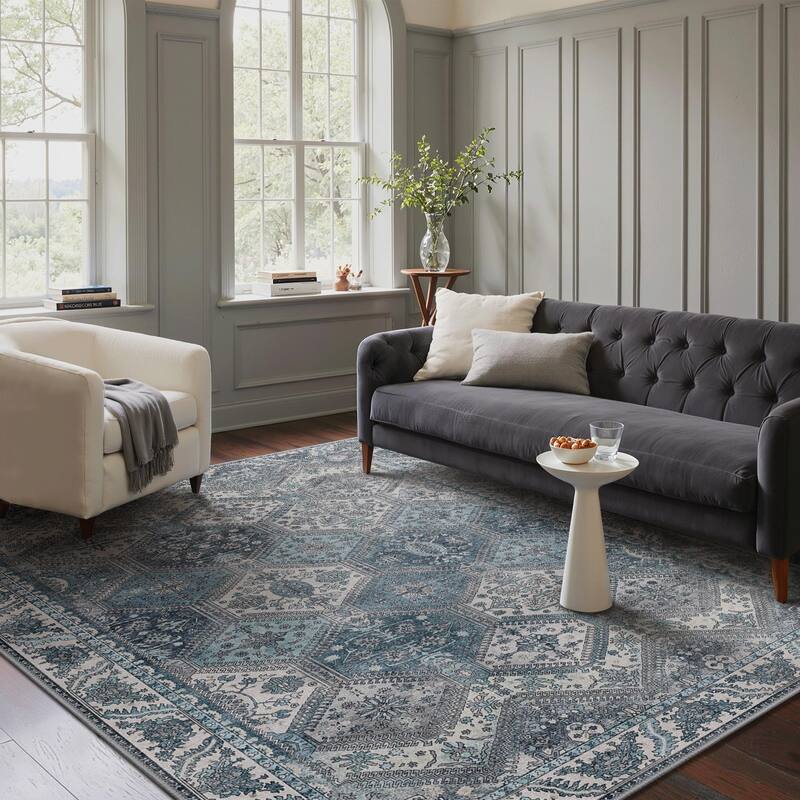Mcow Vintage Wood-Tone Low-Pile Washable Non-Slip Area Rug - 5' x 7' - Light Grey/Blue - Rectangle