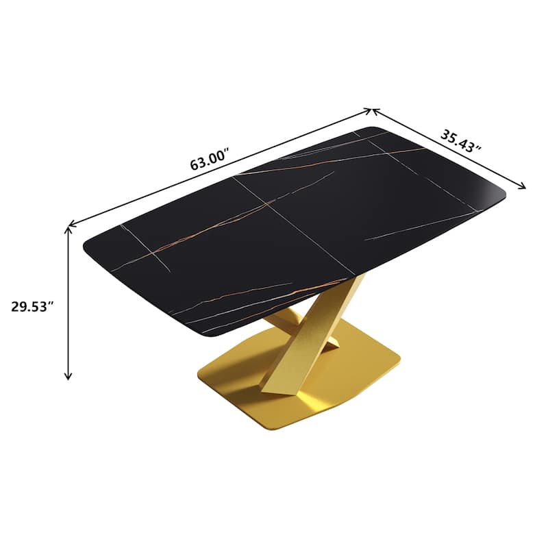 63" Modern Dining Table with Slate Stone Top and Metal Legs, Marble Dining Table