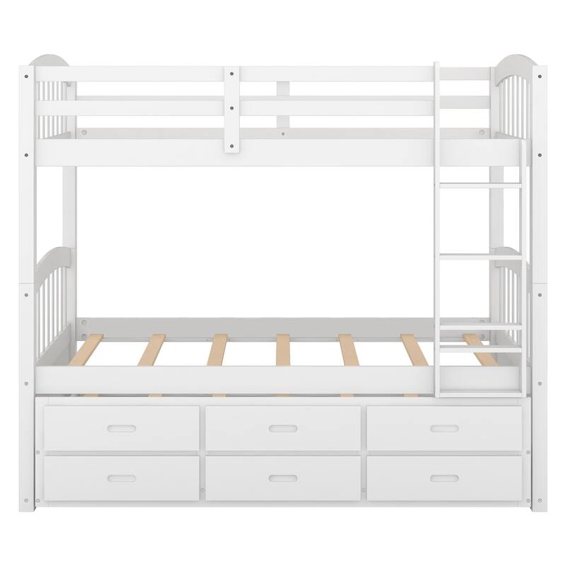 Twin Over Twin Bunk Bed with Trundle and Drawers, Solid Wood Frame, Space-Saving Design
