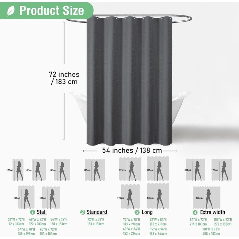 Waffle Textured Heavy Duty Thick Fabric Shower Curtain, Luxury Weighted Polyester Fabric Shower Curtain Set