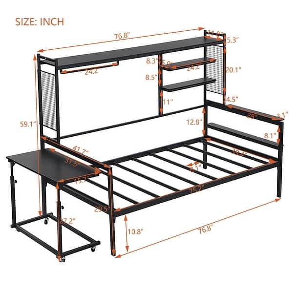 dimension image slide 1 of 4, Roomfitters Twin/ Full Size Metal Daybed with Movable Desk, Metal Grid Design, Functional Shelves and Hanging Rack