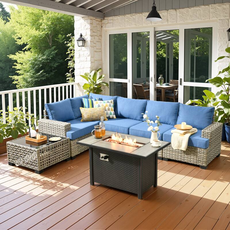 OVIOS 7 Pieces T shaped Seat Wide Armrest Set With Solar-Powered Coffee Table&Fire Pit