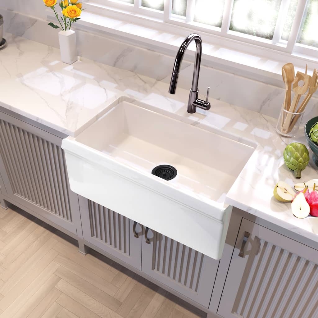 Highpoint Collection Decorative Farmhouse Fireclay Sink and Oil Rubbed Bronze Disposal Drain