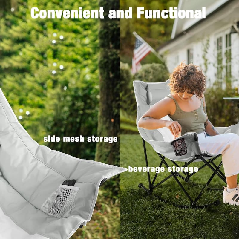 BOSSIN Heavy-Duty Oversized Rocking Camp Chair, Portable Folding w/Cup Holder, Cooler & Pocket for Camping, Beach, Backyard