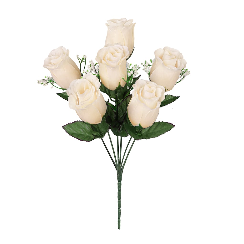 Set of 12 Ivory Artificial Rose Bud Flower Stem Bush Bouquet 14in - 14" L x 6" W x 6" DP