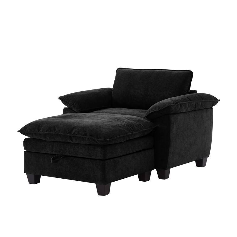 Cloud Lazy Chaise Lounge, Single Sofa Chair & Storage Ottoman Set of 2, Oversize Chenille Upholstered Lounge Sleeper Sofa