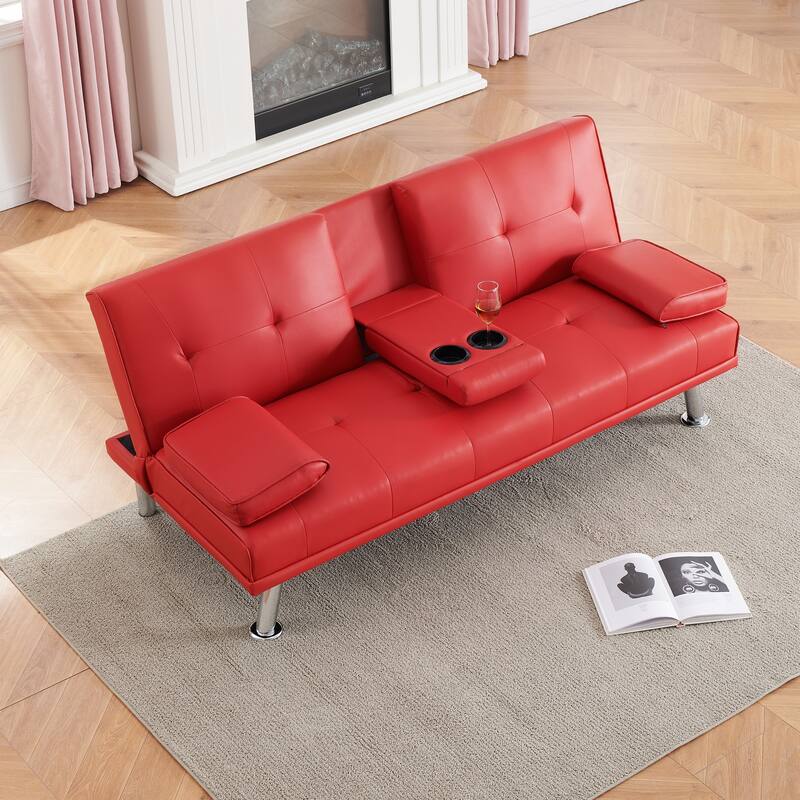 67-inch Red PVC Multifunctional Double Folding Sofa Bed with Coffee Table for Office - Multi-Color