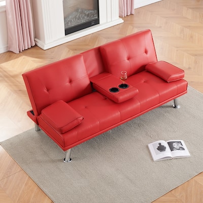 67-inch Red PVC Multifunctional Double Folding Sofa Bed with Coffee Table for Office