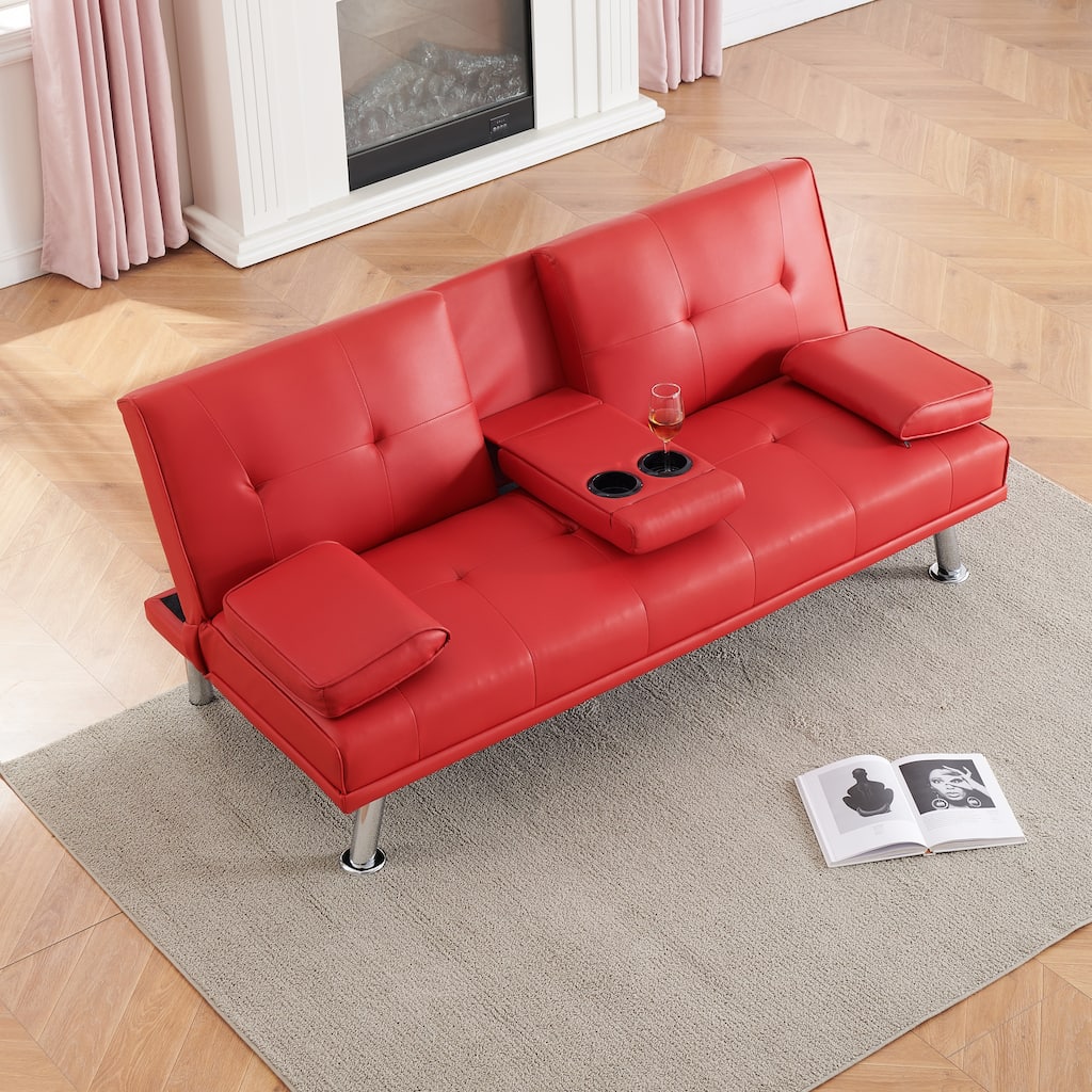 67-inch Red PVC Multifunctional Double Folding Sofa Bed with Coffee Table for Office