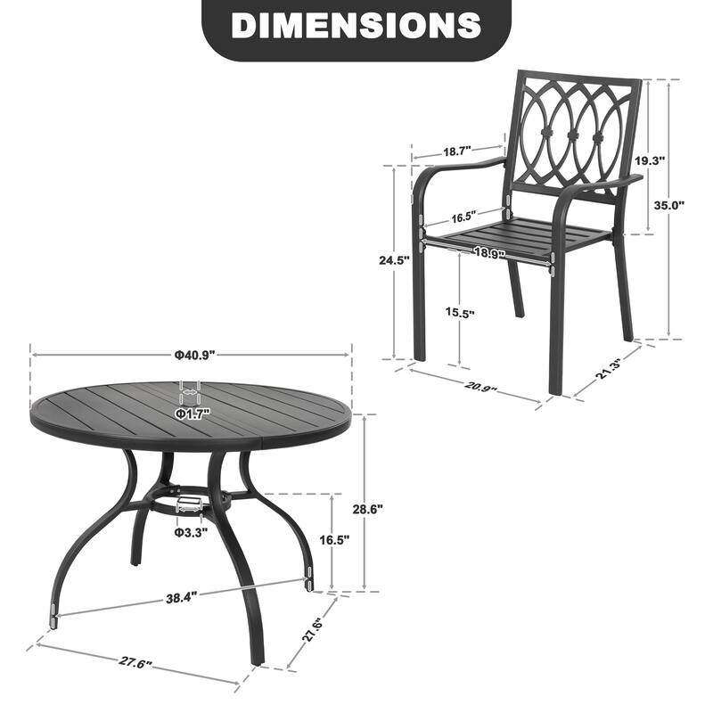 5-Piece Metal Patio Dining Set with Umbrella Hole, Stackable Design