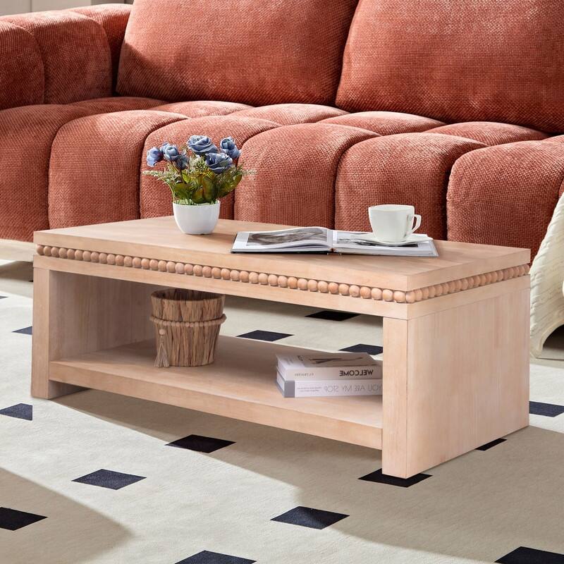 Modern Wood Coffee Table with Beaded Trim and Open Storage Shelf for Stylish Living Room Decor