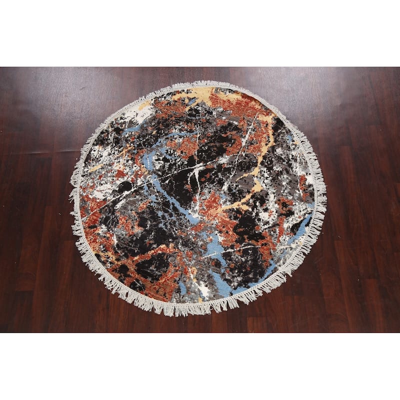 Wool/ Silk Vegetable Dye Abstract Oriental Area Rug Hand-knotted - 5'7" x 5'8" Round