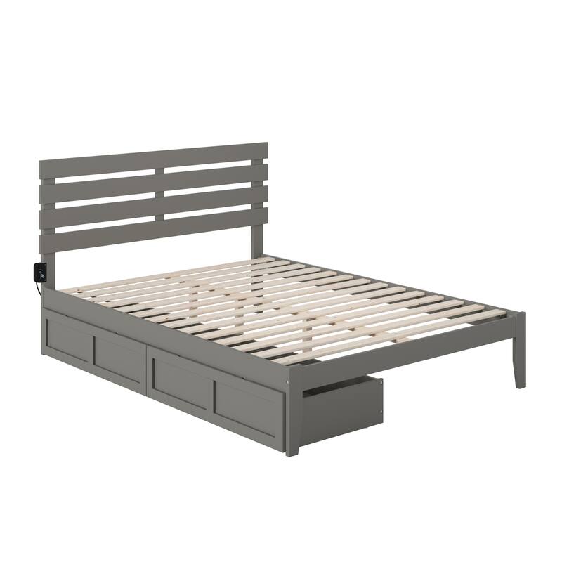 Platform Bed with Drawers & USB Charger - Grey Finish - Solid Wood - No Box Spring Needed
