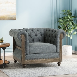 Roomfitters Tufted Barrel Armchair with Wood Trim, Nailhead Accents and Rolled Back for Living Room or Office, Charcoal