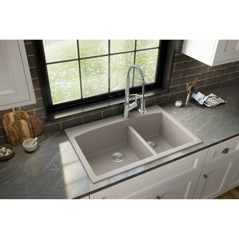 Karran Drop-In Quartz 33 in. 1-Hole 60/40 Double Bowl Kitchen Sink Kit