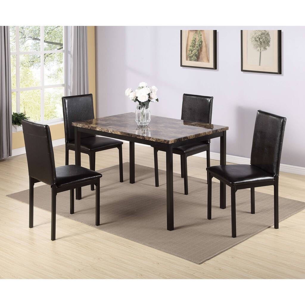 Modern Black Metal 5-Piece Dinette Set with Faux Marble Top, Easy to Assemble, Includes Dining Table & 4 Chairs