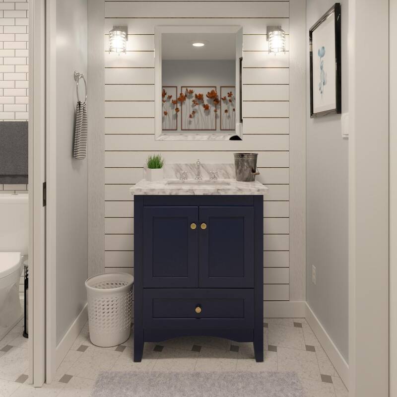 KitchenBathCollection Abbey 30" Bathroom Vanity with Carrara Marble Top - Royal Blue