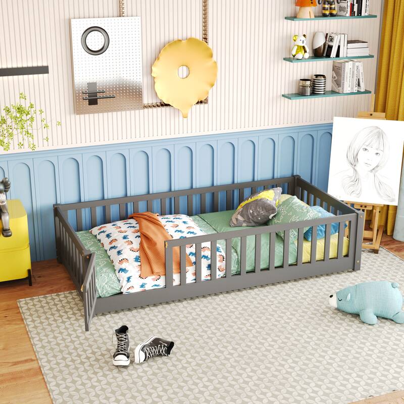 Floor Platform Bed with Fence Guardrails and Door