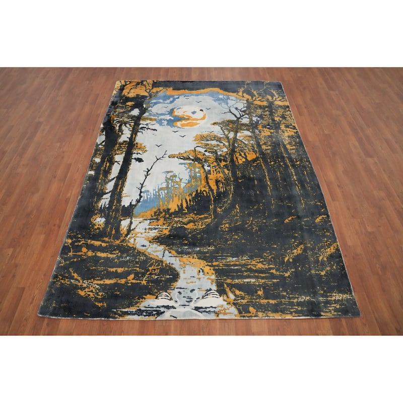 Hand Knotted Oriental Viscose Silk Carpet Modern Pictorial Multi-Colored Abstract Area Rug - 7' 10'' X 5' 8''