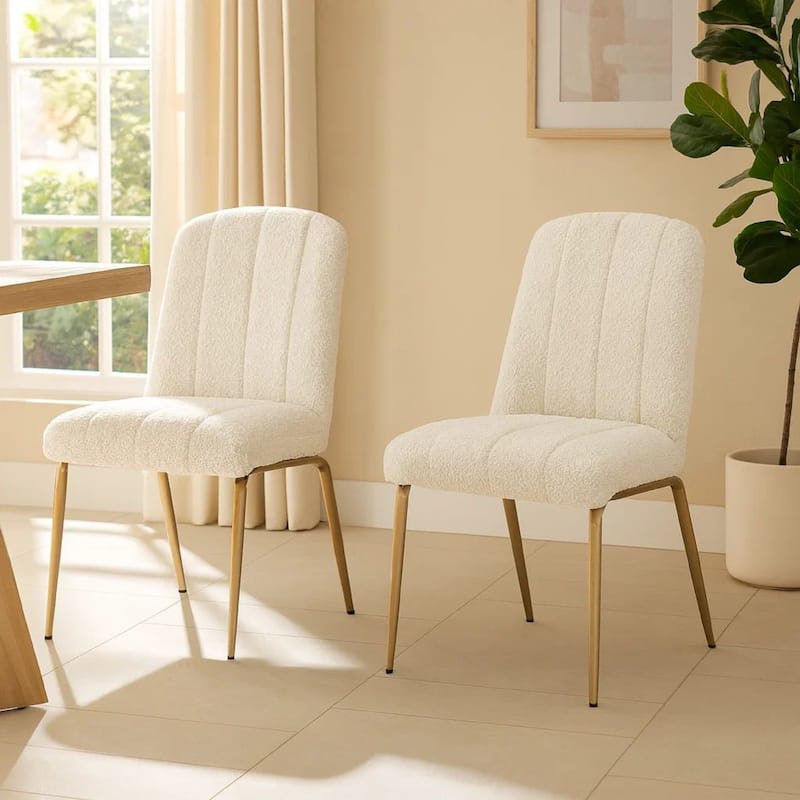 Rise 19 Inch Dining Chairs, Soft Boucle Upholstery, Set of 2, White, Bronze