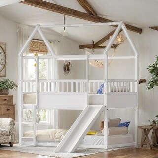 Floor Bunk Bed Twin Over Twin with Safety Guardrail