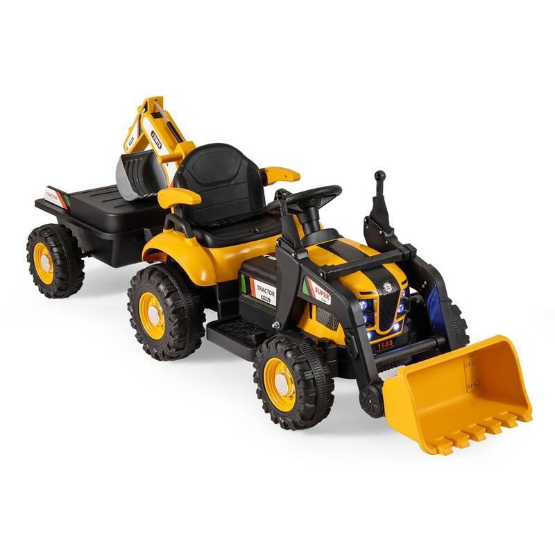 12V Battery Powered Ride on Construction Vehicle with Shovel and Digger Trailer MP3 Port - 73" × 24" × 26" (L × W × H)
