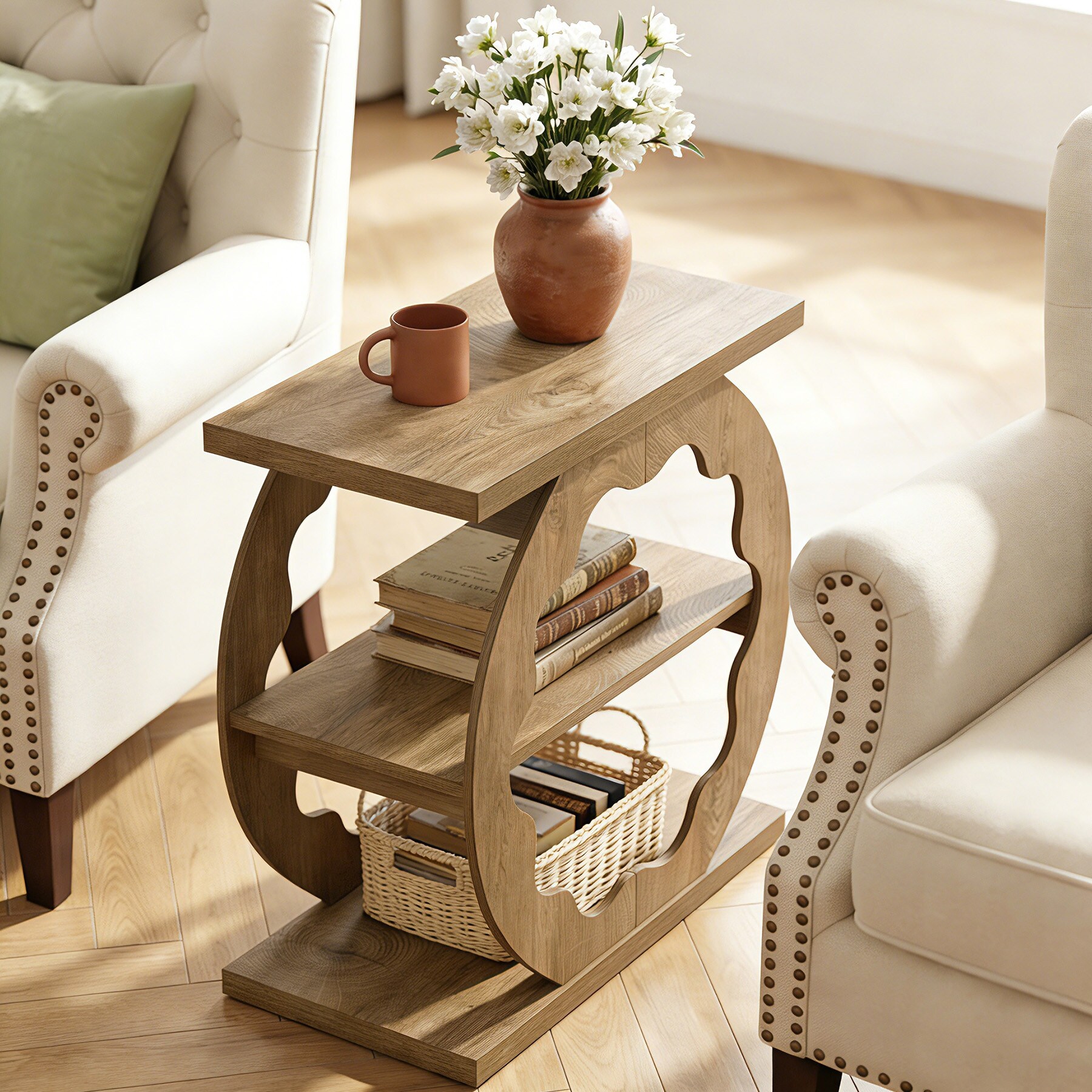 3 Tier End Side Table for Living Room, Bedroom, Elegant Curved