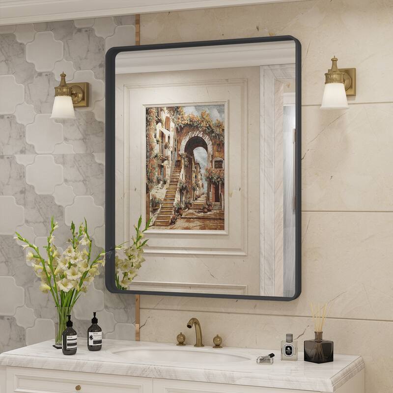 Aluminum alloy Framed Tempered Glass Wall Bathroom Vanity Mirror - 36" x 30" - Black