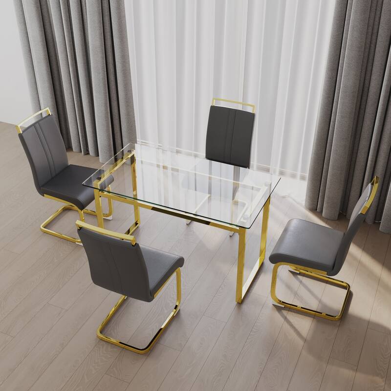5-Piece Glass Dining Table Set with Gold Metal Legs and 4 PU Upholstered Chairs