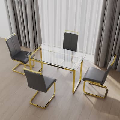5-Piece Glass Dining Table Set with Gold-Plated Legs & PU Chairs