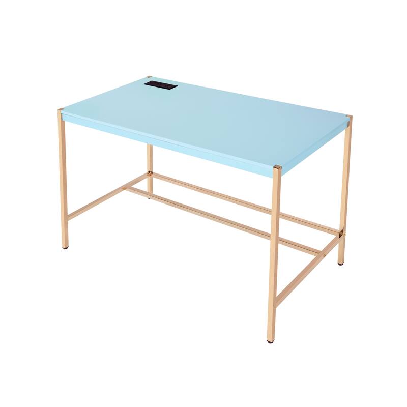 Contemporary Writing Desk with USB Charging Port, High Gloss Finish and Metal Base for Home Office or Study