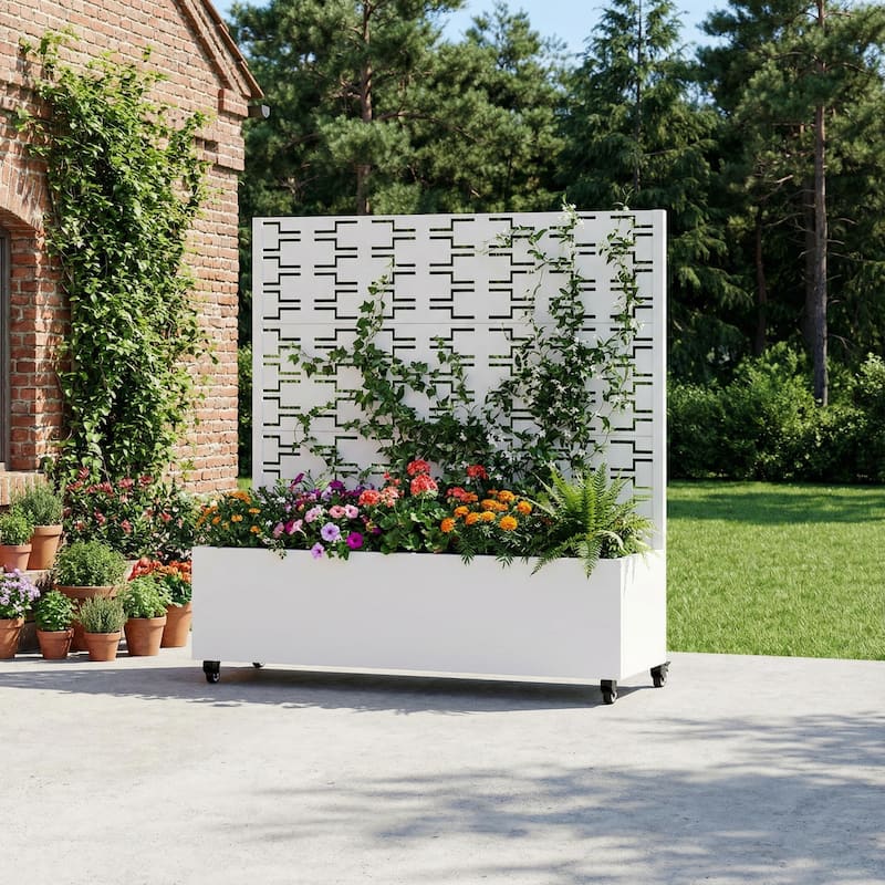 Metal Planter Box with Trellis Privacy Screen Planter Box with Lockable Wheels - White-Rectangle - 47"x47"