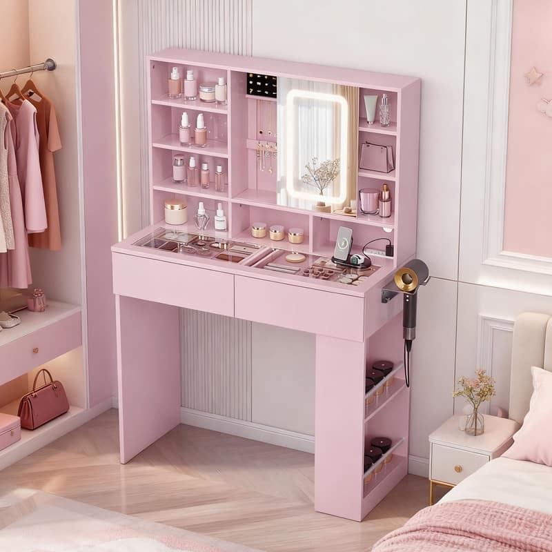 Particle Board Veneered, 2-drawer 3-compartment Left-right 3-tier Shelf, Glass Tabletop, Side Panel Storage Style Dressing Table