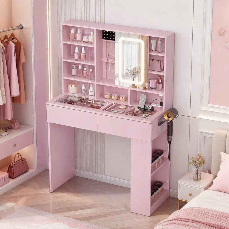 Particle Board Veneered, 2-drawer 3-compartment Left-right 3-tier Shelf, Glass Tabletop, Side Panel Storage Style Dressing Table - Pink