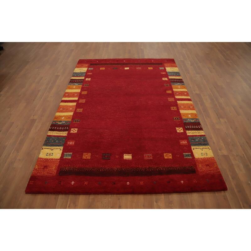 Hand Knotted Oriental 100% Wool Carpet Tribal Geometric Red Gabbeh Area Rug - 7' 10'' X 5' 5''