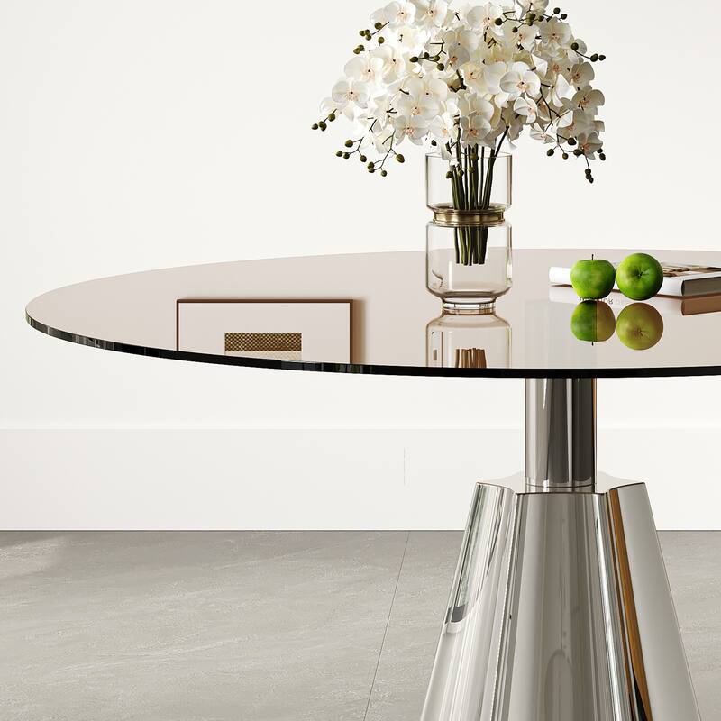 Roomfitters 35 Inch Round Dining Table, Mid-Century Modern Pedestal Kitchen Table with Tempered Glass Top