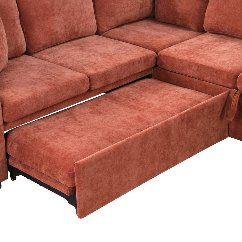 L-Shaped Sectional Sofa Bed, Chenille Upholstered Sleeper Sofa with Hidden Storage Compartment, 4 Seater Corner Sectional Sofa