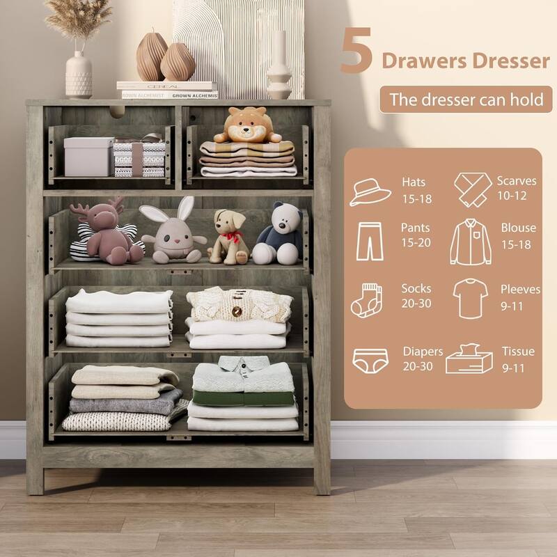 5 Drawer Dresser for Bedroom, Tall Black Chest with Deep Drawers and Metal Knobs, Wooden Organizer for Hallway