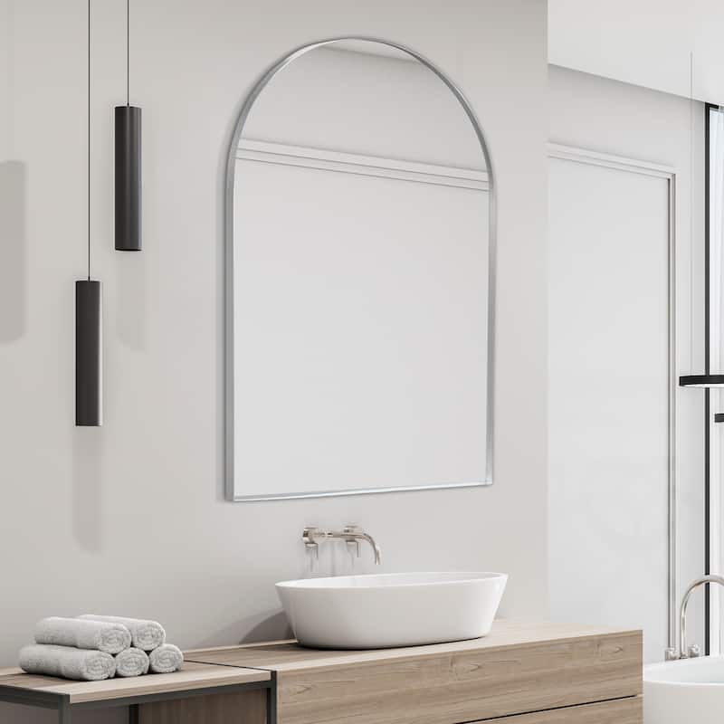 24 in. W x 36 in. H Medium Arched Metal Framed Wall Mounted Mirror - 36 H x 24 W x 1.5 D - Nickel