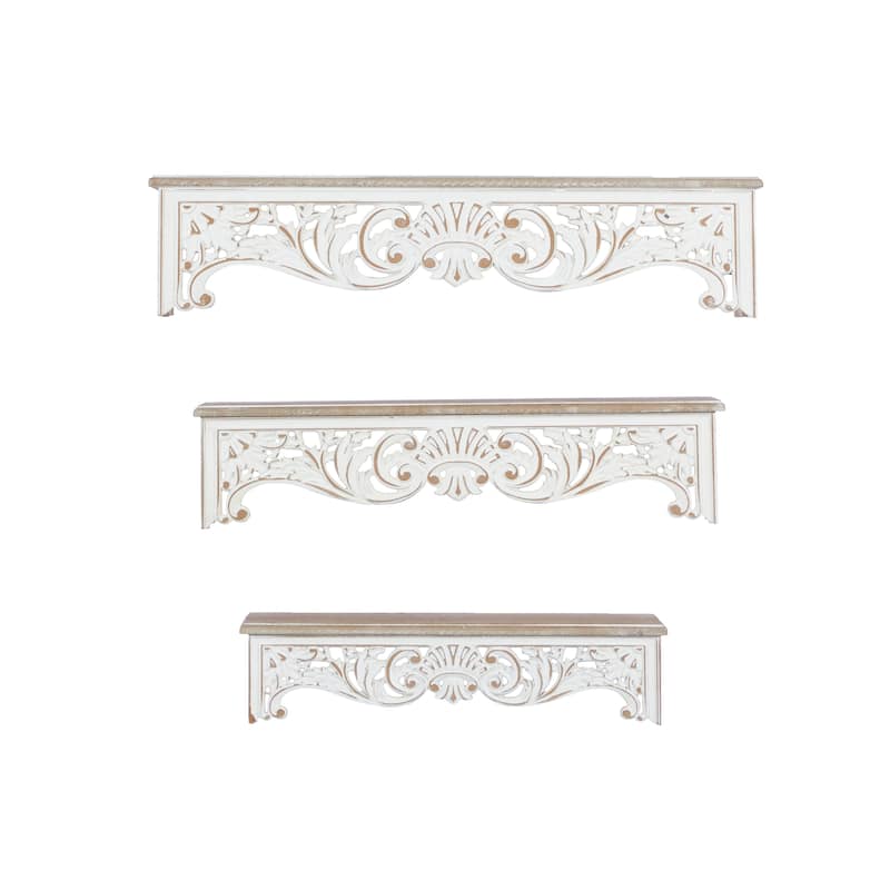 Wooden Scroll Carved 3 Shelves Wall Shelf - Set of 3 Cream - Roche River Decor - 7"W x 28"L x 6"H