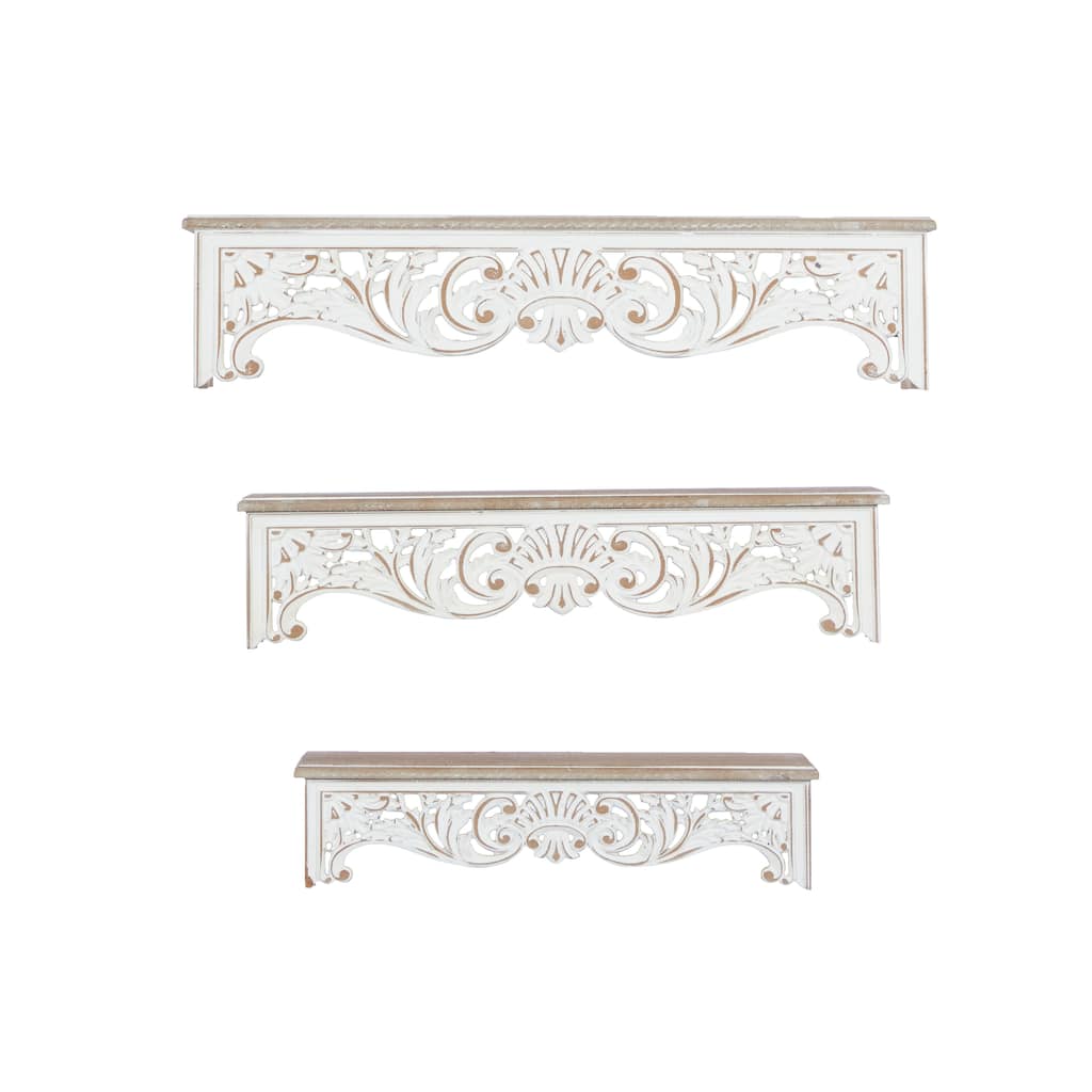 Wooden Scroll Carved 3 Shelves Wall Shelf - Set of 3 Cream - Roche River Decor - 7"W x 28"L x 6"H