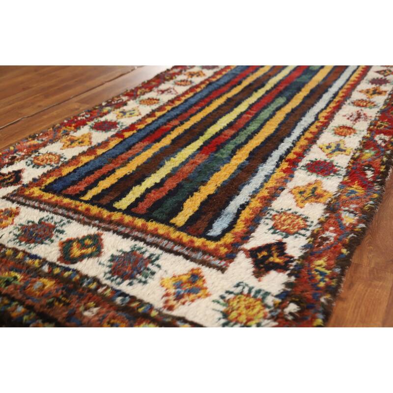 Hand Knotted Oriental 100% Wool Carpet Modern Geometric Multi-Colored Gabbeh Runner Rug - 11' 11'' X 3' 7''