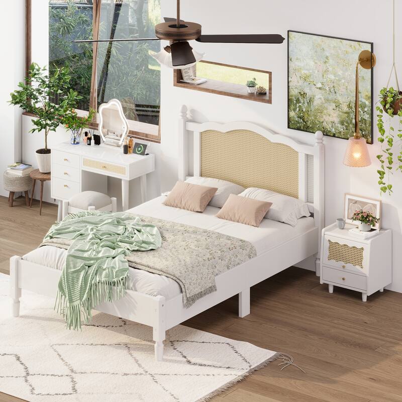 Wooden Platform Bed with Rattan Headboard Curved Wingback Bed Vintage Bed Frame Wood Slat Support Bed with Underbed Storage