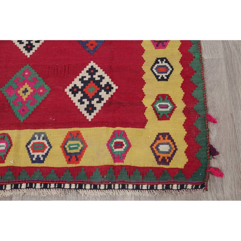 Hand Woven Oriental 100% Wool Carpet Southwestern Geometric Red Kilim Runner Rug - 8' 7'' X 4' 5''