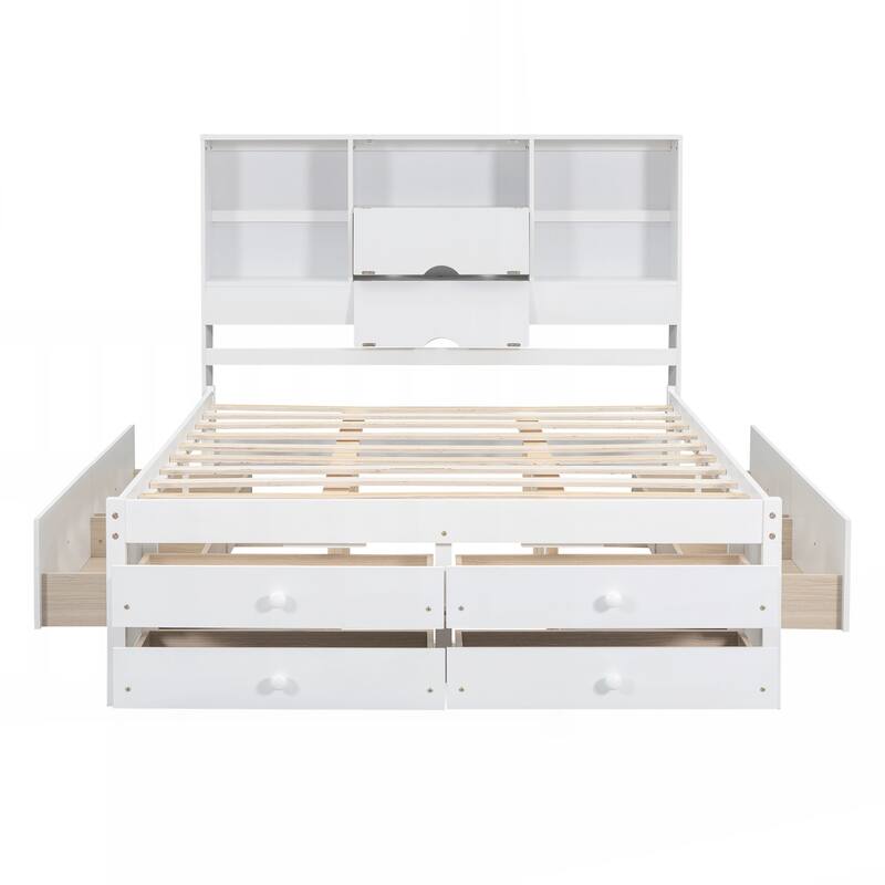 Queen Size Platform Bed with Storage Headboard and 8 Drawers