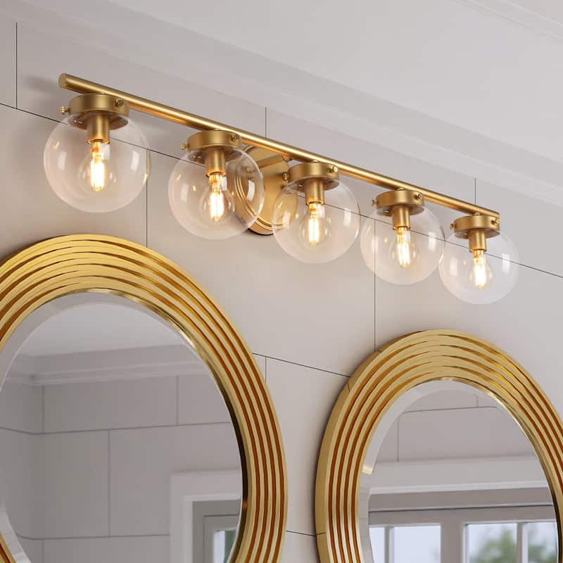 Rella Modern Gold 5-Light Bathroom Vanity Lights Dimmable Globe Glass Wall Sconces - L 34.2" x D 6.3" x H 7.5" - L 34.2" x D 6.3" x H 7.5" - Gold