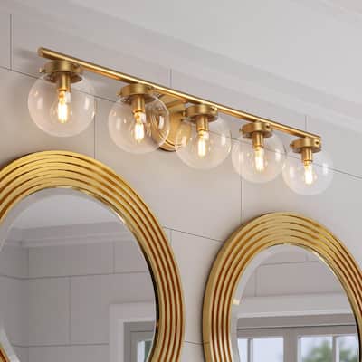 Rella Modern Gold 5-Light Bathroom Vanity Lights Dimmable Globe Glass Wall Sconces - L 34.2" x D 6.3" x H 7.5"