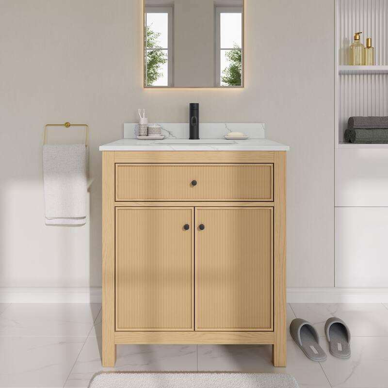 Wyndham Collection WCF9292-30S-QTZ-UNSMXX Pendry 30" Free Standing - Tanned Oak / Giotto Quartz Top / Matte Black